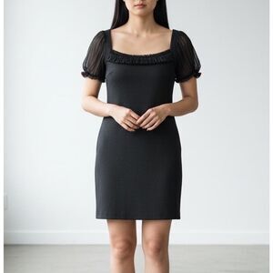 St. John Black Knit Dress Silk Chiffon Sleeves Size 14 Elegant Cocktail LBD